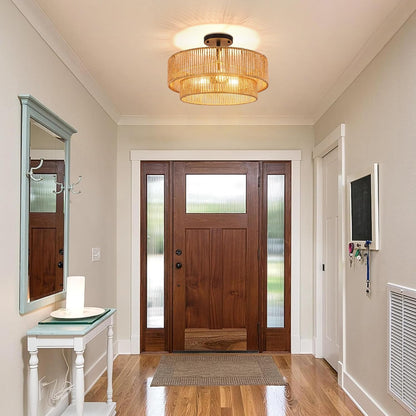 Boho Rattan Flush Mount Ceiling Light – 3 Lights