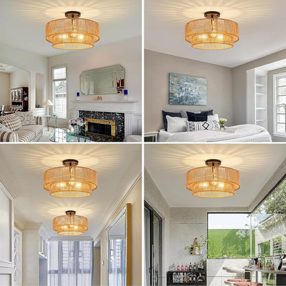 Boho Rattan Flush Mount Ceiling Light – 3 Lights