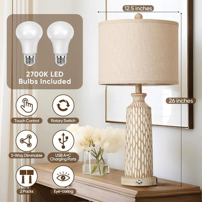 Touch Table Lamps – Set of 2, USB A+C, 3-Way Dim