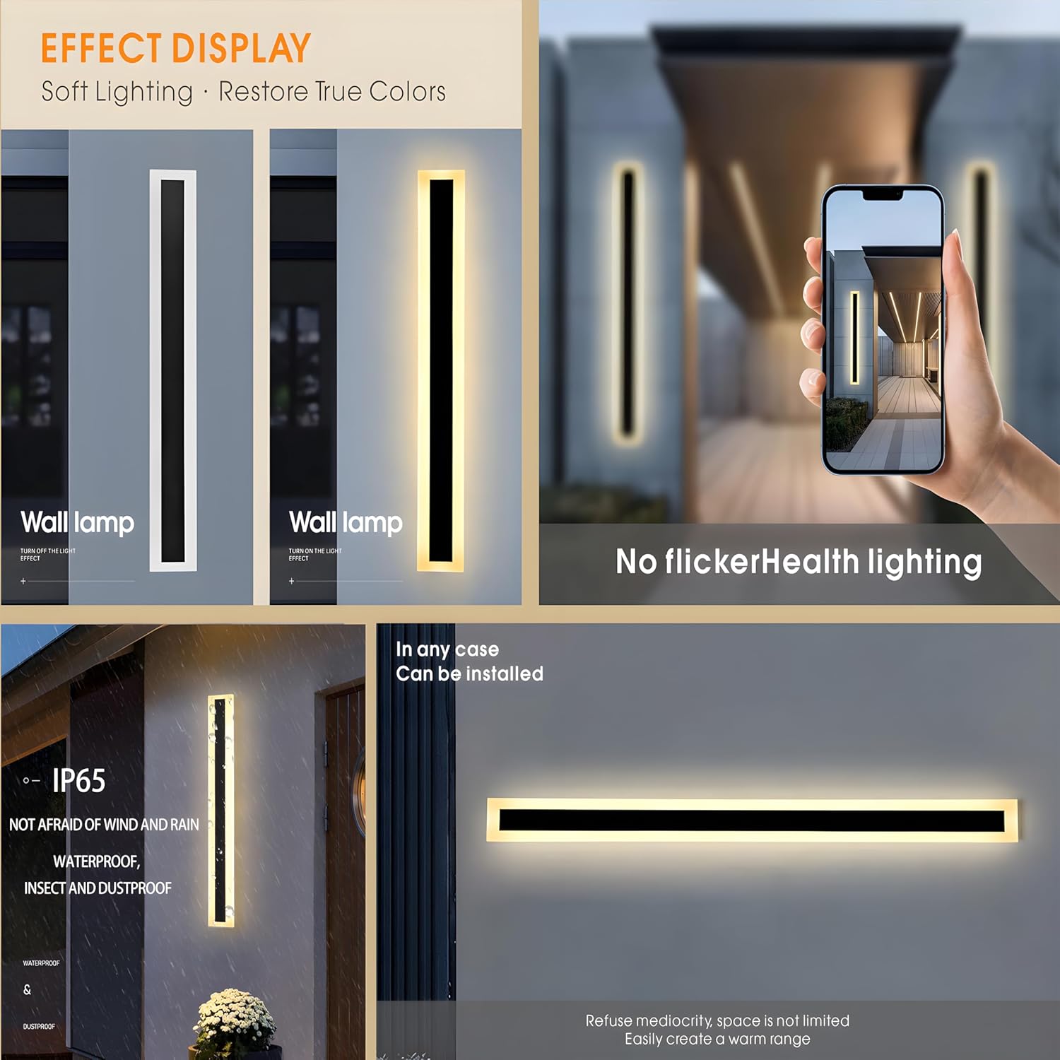 2-Pack 31.5" Outdoor LED Wall Lights, Black
