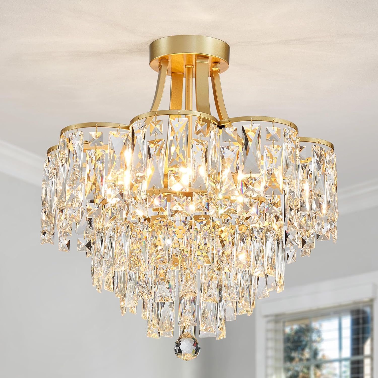 Crystal Chandelier Semi-Flushmount Ceiling Light – Modern Gold Finish