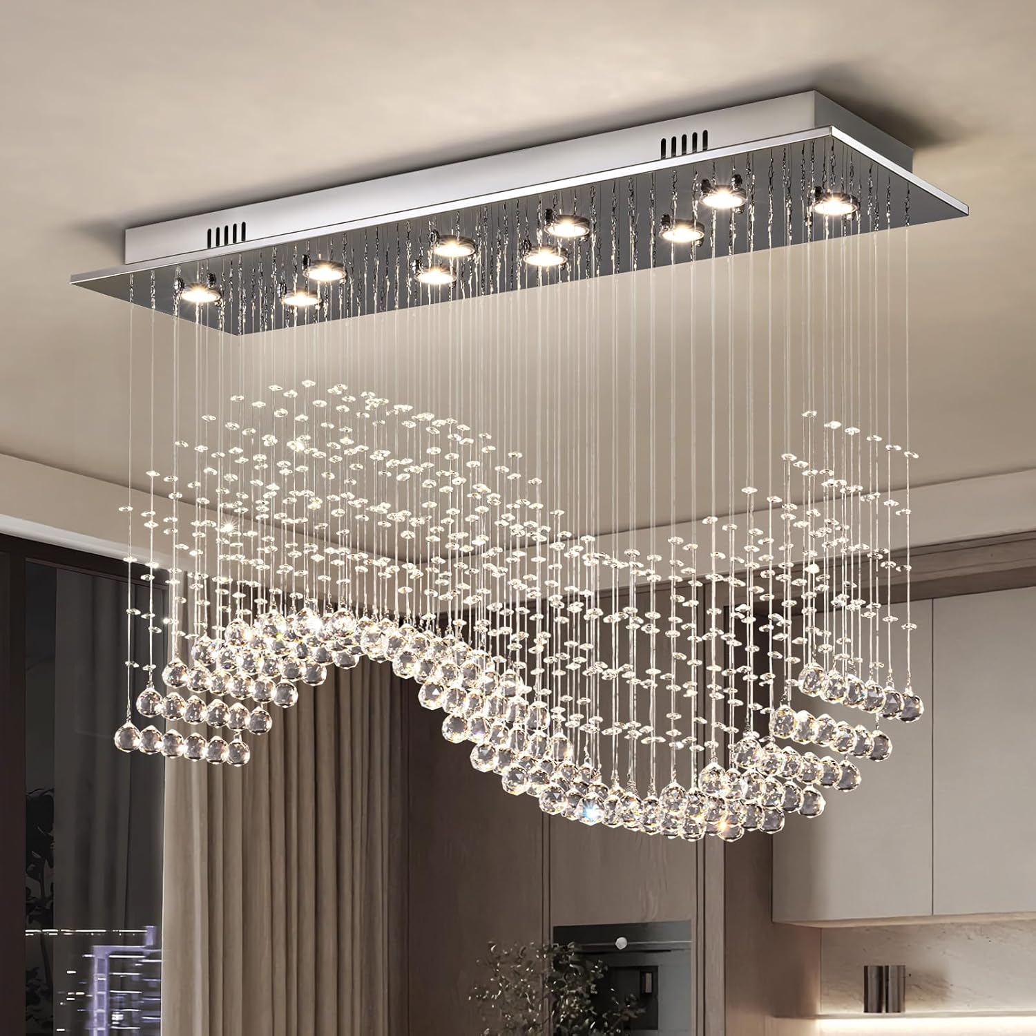 Gold Wave Crystal Chandelier 8-Light Rectangle