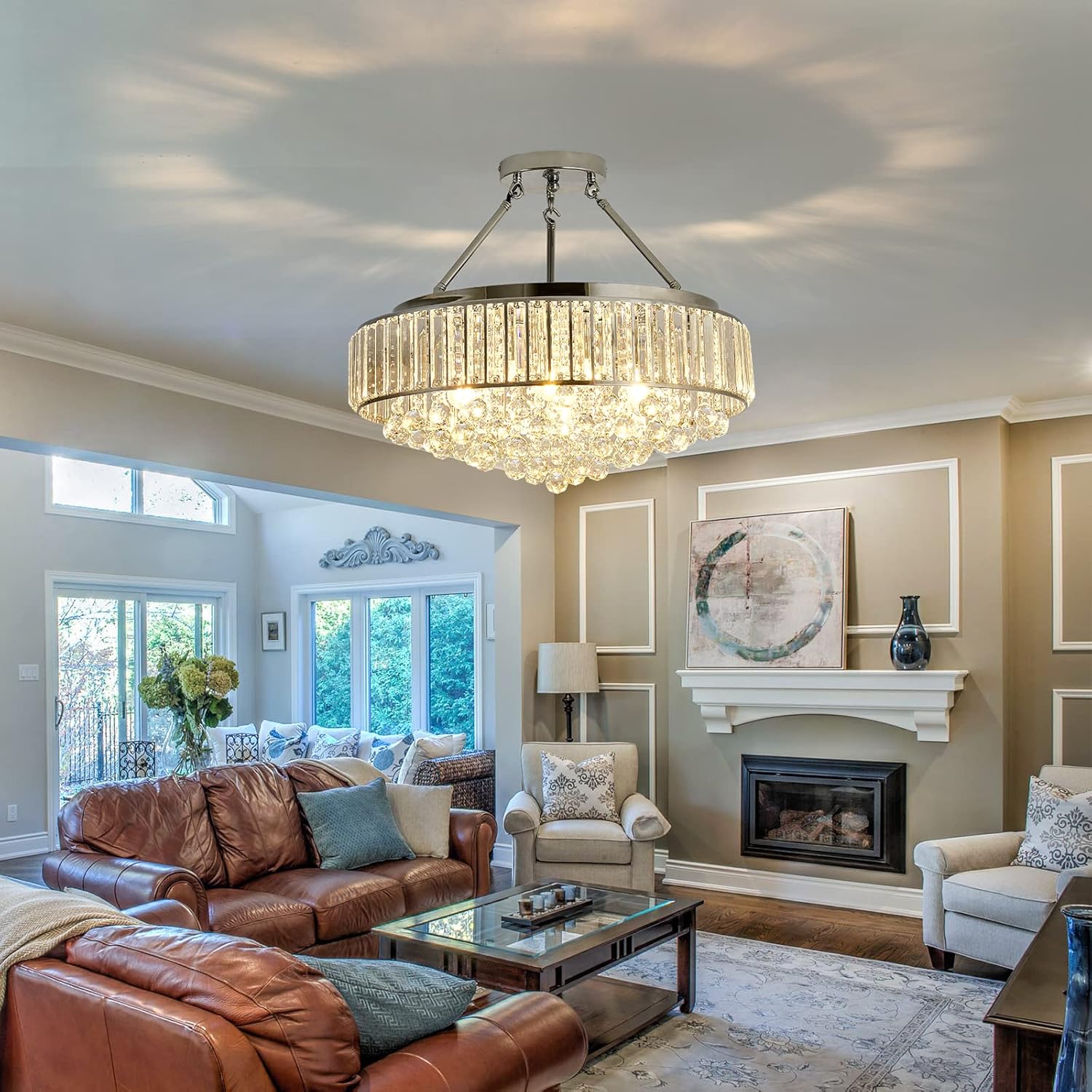 6-Light Chrome Crystal Semi-Flush Mount Chandelier