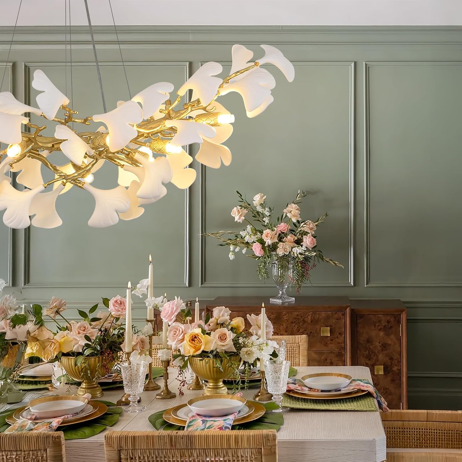 Gold Tree Branch Ginkgo Leaf Chandelier 36"