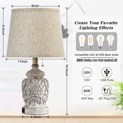 19.5" Rustic USB Table Lamps Set of 2