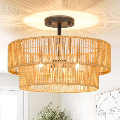 Boho Rattan Flush Mount Ceiling Light – 3 Lights
