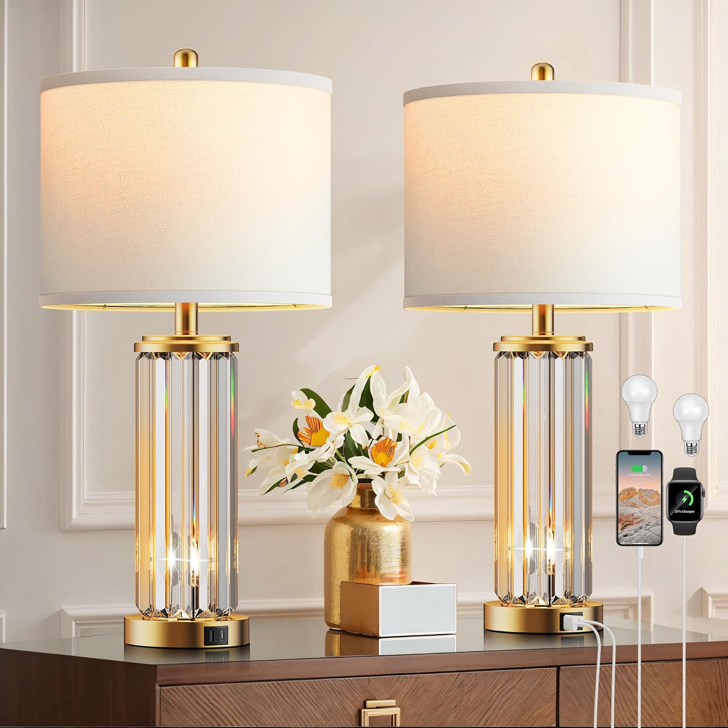 Gold USB Table Lamps Set of 2 – Nightlight LED