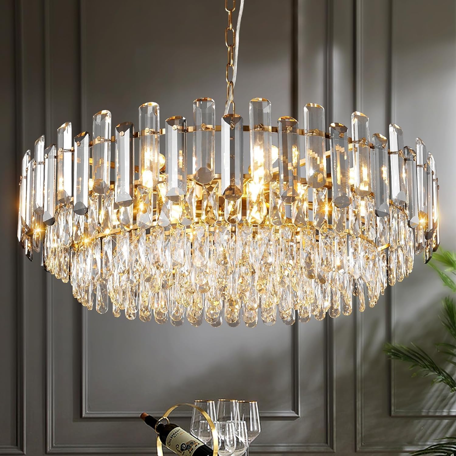 31.5" Gold 3-Tier Crystal Chandelier, 12-Light