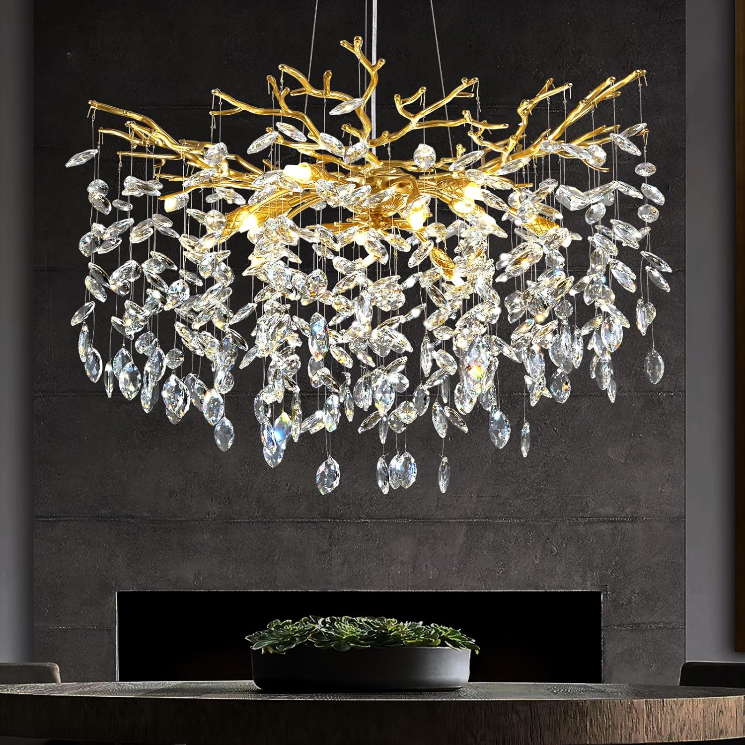 Modern Crystal Chandelier – 30" Gold K9 Crystal Tree Branches, 10-Light