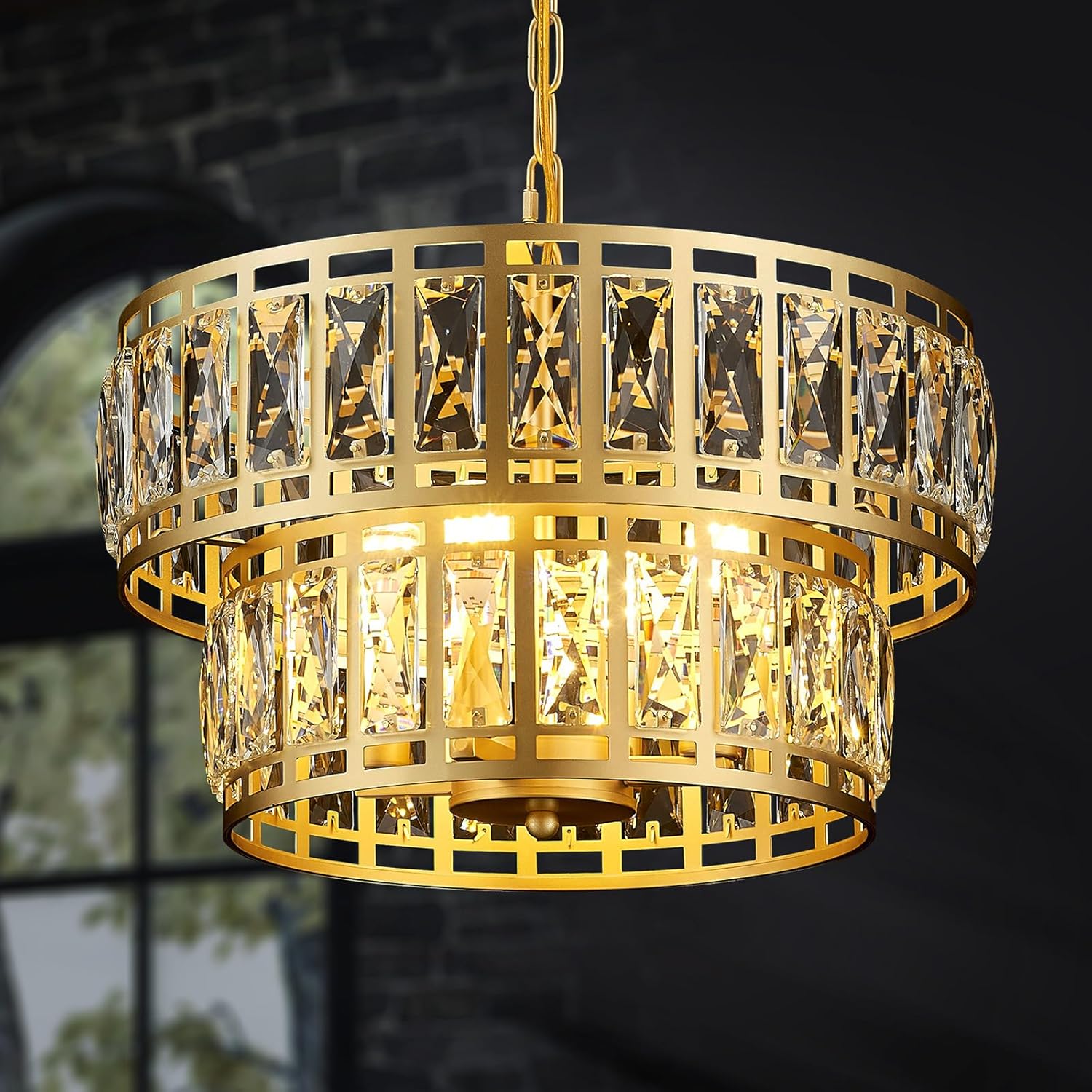 16" Gold Crystal Chandelier – 4-Light Modern 2-Tier Pendant