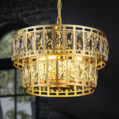 16" Gold Crystal Chandelier – 4-Light Modern 2-Tier Pendant