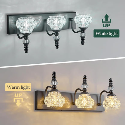 3-Light Black Crystal Bathroom Vanity Light