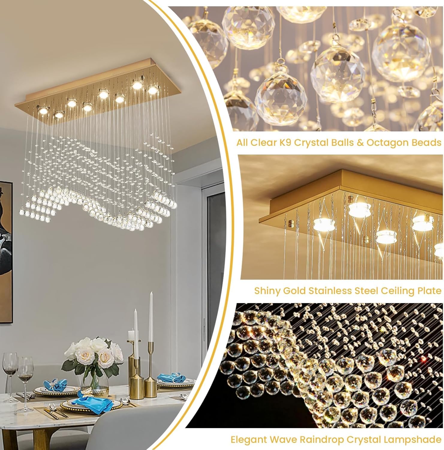 Gold Wave Crystal Chandelier 8-Light Rectangle