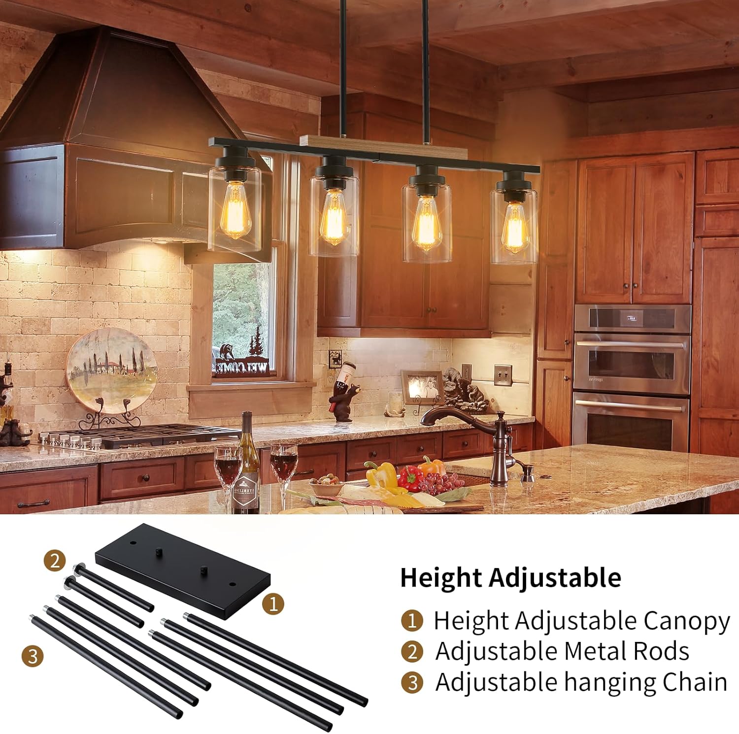Farmhouse 4-Light Kitchen Island Lighting – Modern Wood Chandelier
