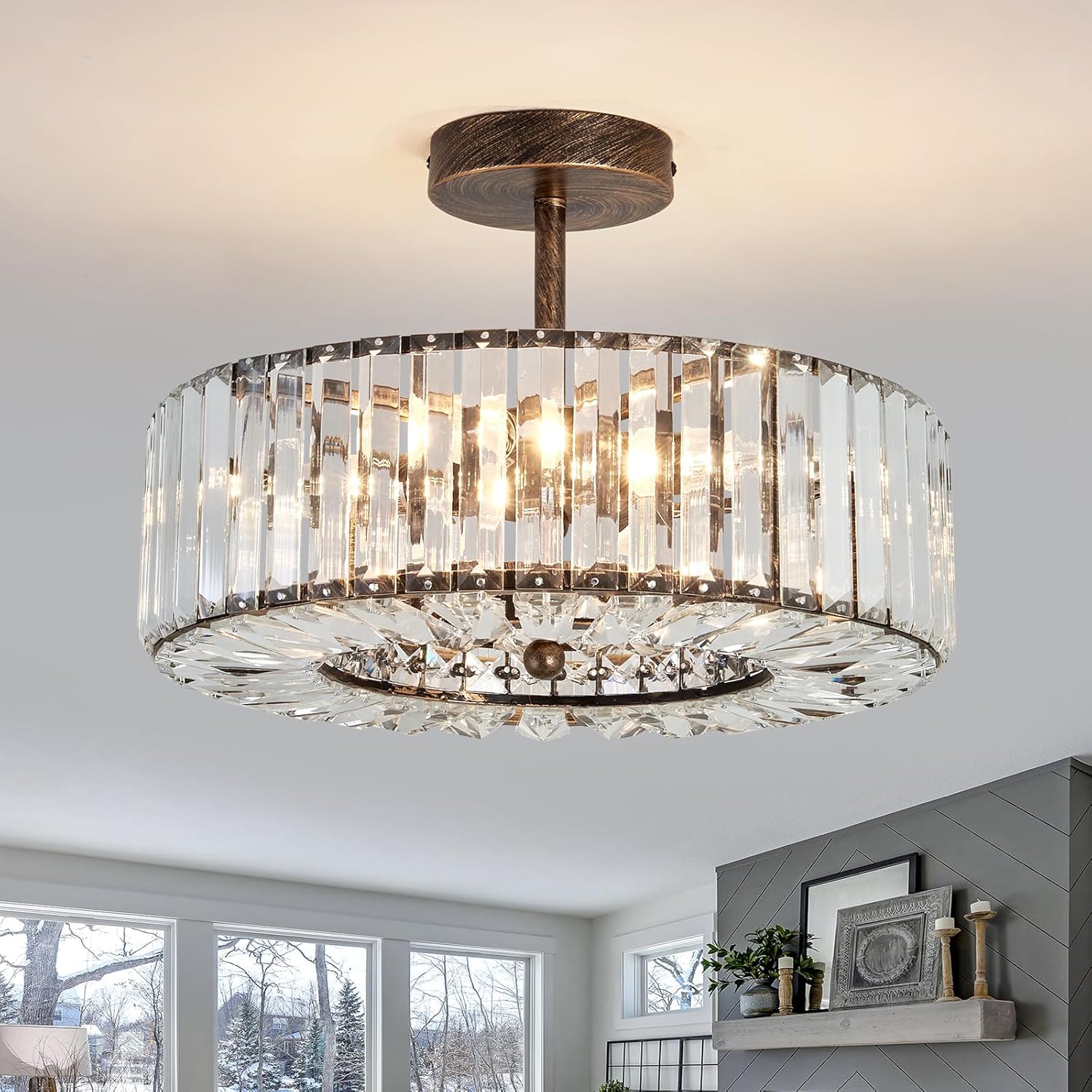 4-Light Chrome Crystal Semi-Flush Mount Chandelier