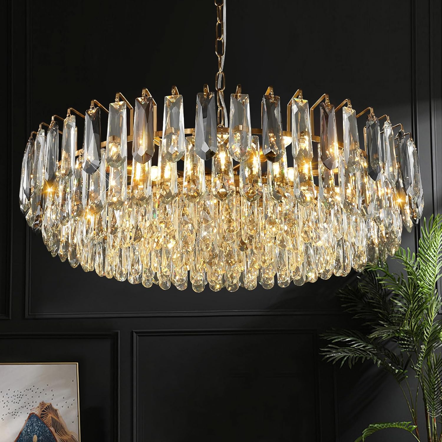 31.5" Gold 3-Tier Crystal Chandelier, 12-Light