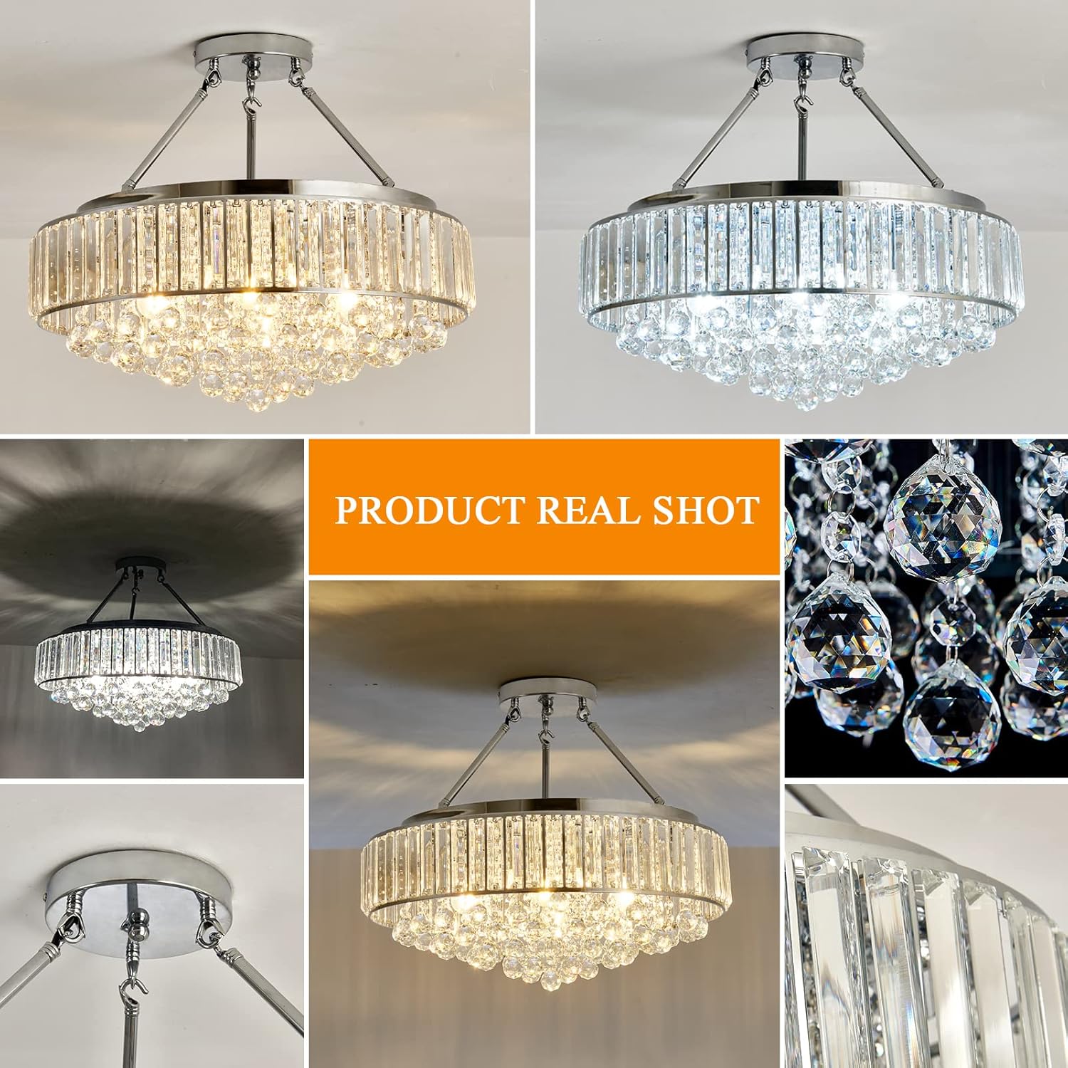 6-Light Chrome Crystal Semi-Flush Mount Chandelier