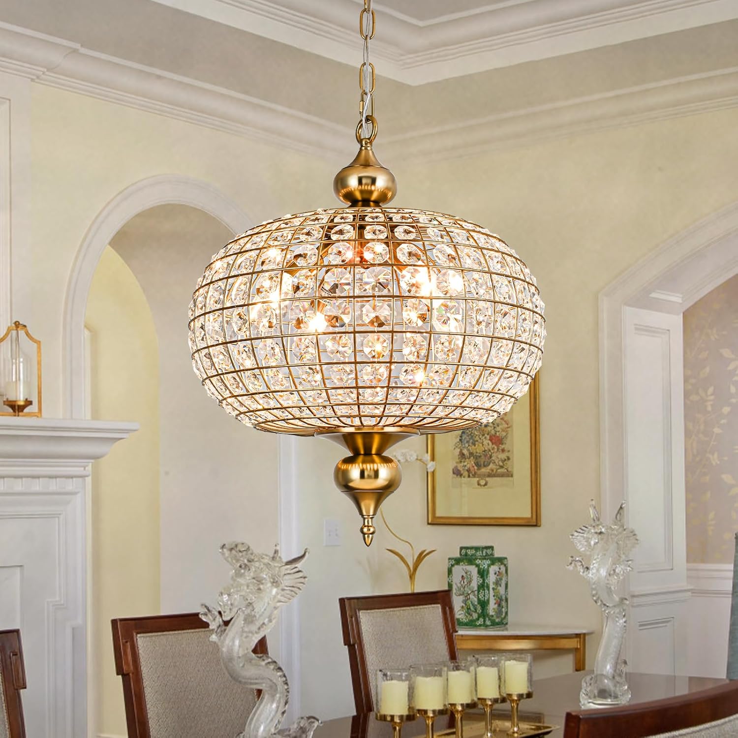16.5" Gold Globe Crystal Chandelier – 4-Light Pendant