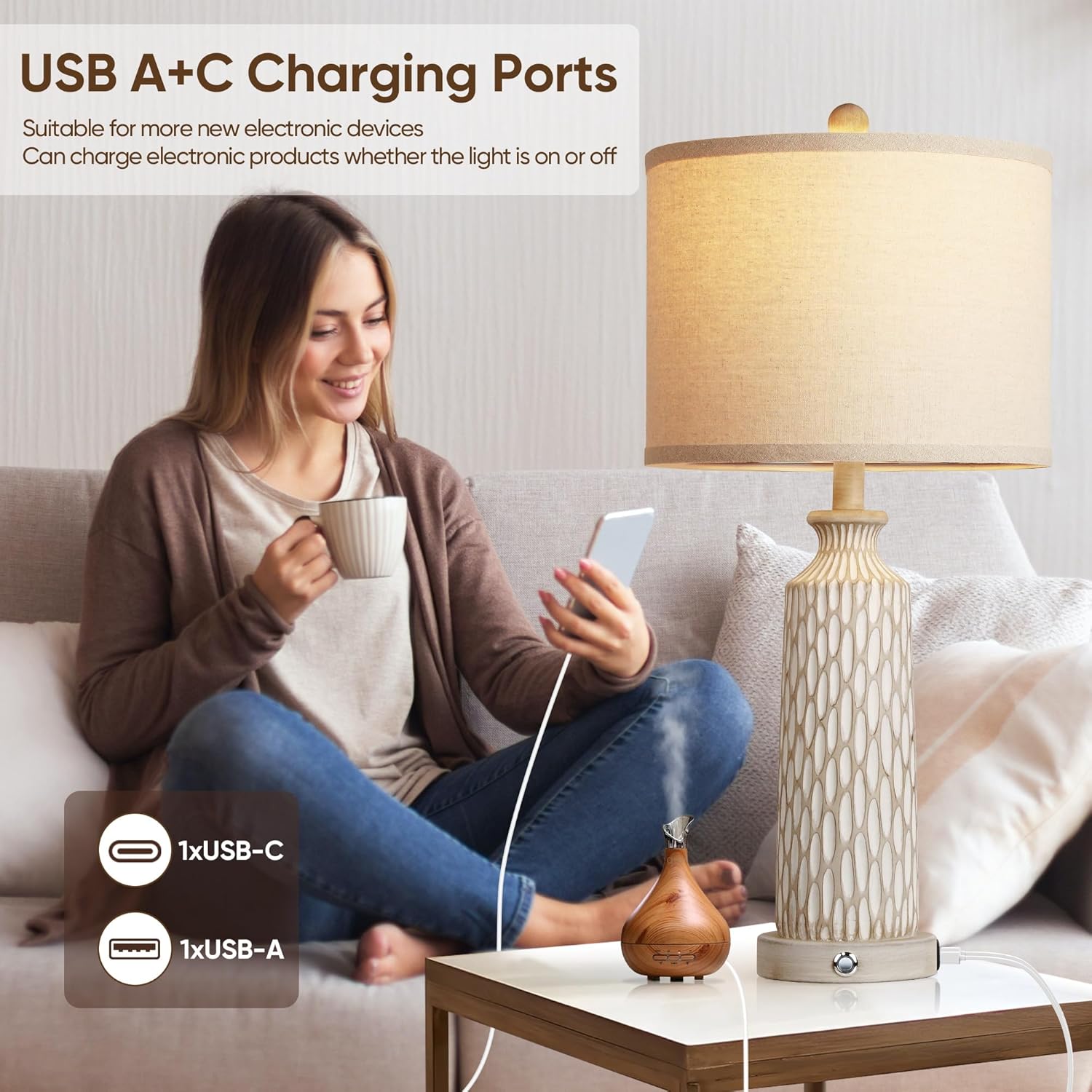 Touch Table Lamps – Set of 2, USB A+C, 3-Way Dim