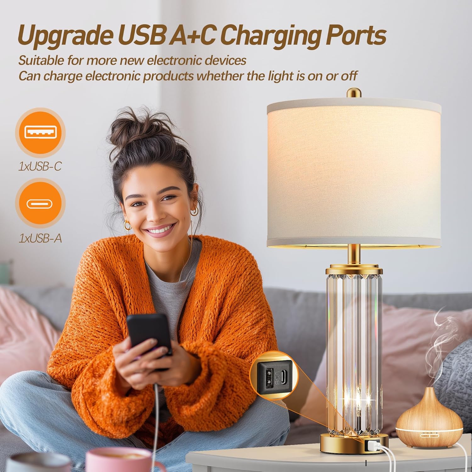 Gold USB Table Lamps Set of 2 – Nightlight LED