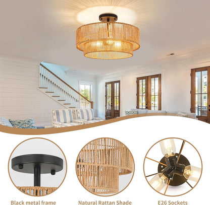 Boho Rattan Flush Mount Ceiling Light – 3 Lights