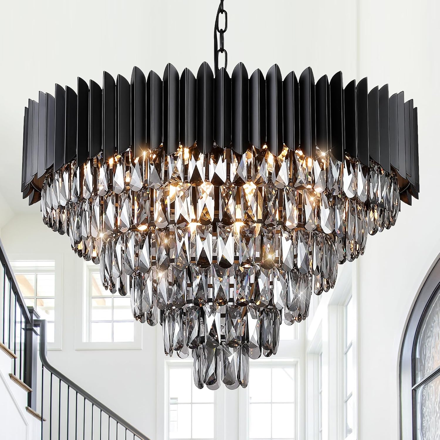 30" Large Black 6-Tier Crystal Chandelier – 16-Light Pendant