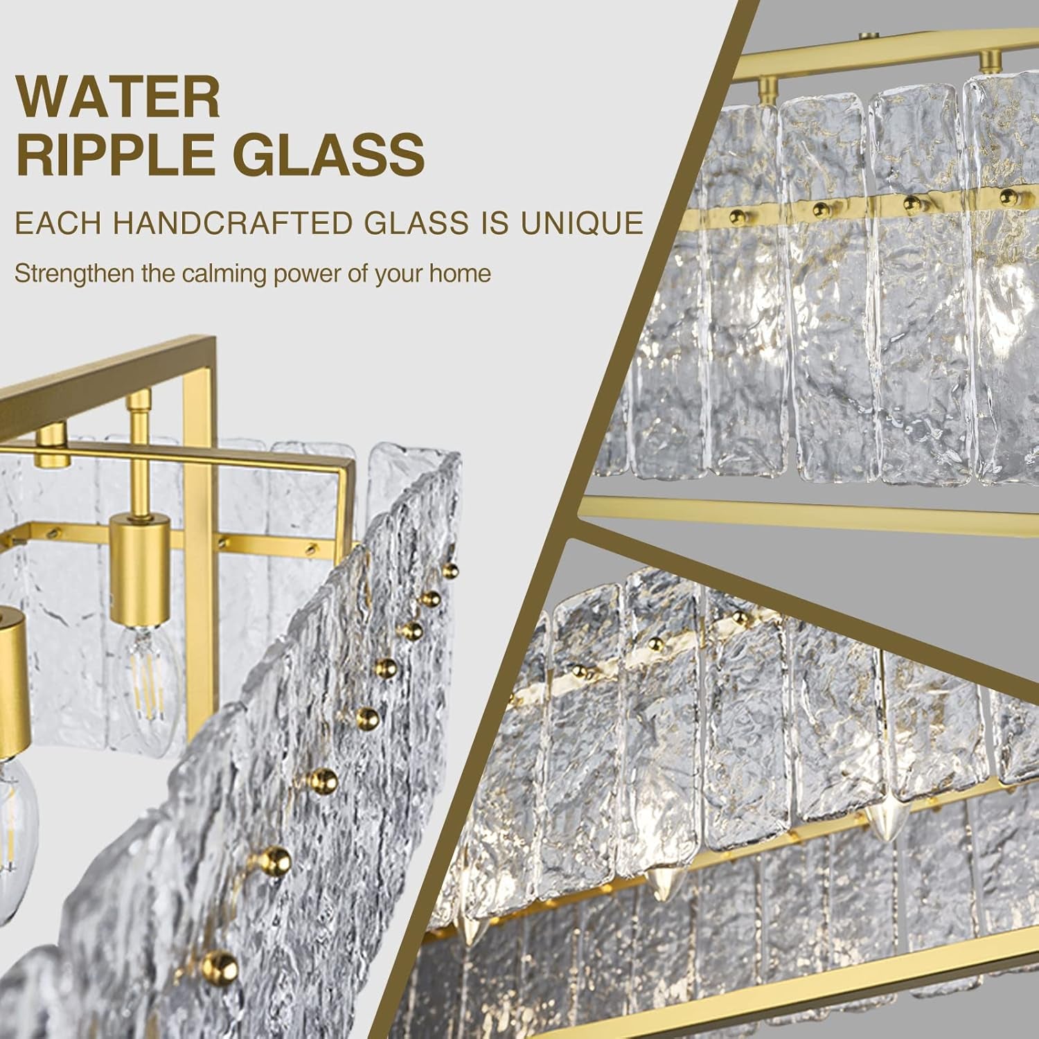 Modern Rectangle Gold Crystal Chandeliers for Dining Room, 42" Large Rectangular Water Ripple Glass Island Light Fixture, Elegant Linear Lighting for Kitchen Island, Living Room, L42 X W11 X H12