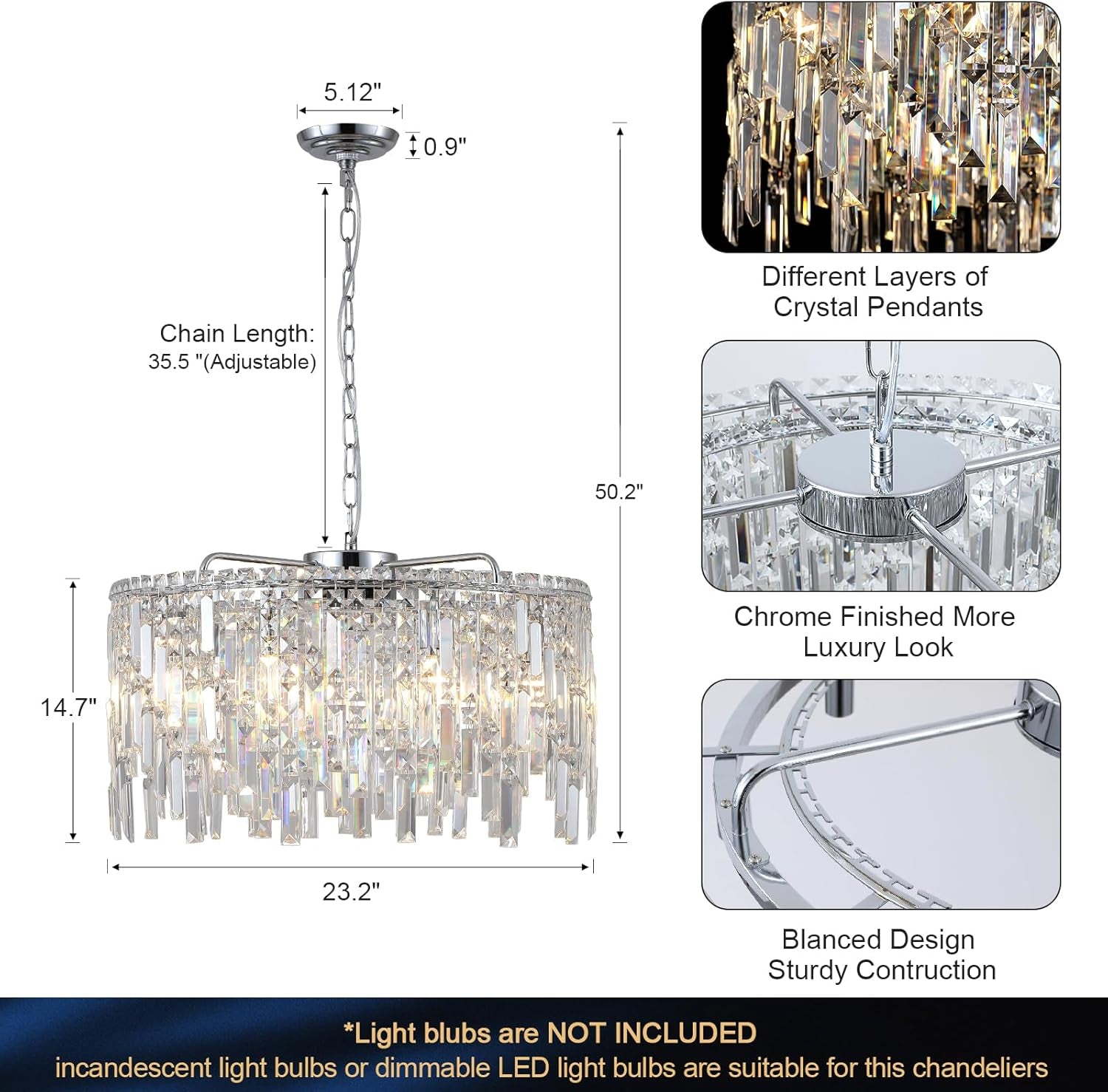 Round Crystal Chandelier 24" 8-Light Chrome