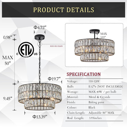 20" Black Crystal Drum Chandelier – 6-Light Semi Flush Mount