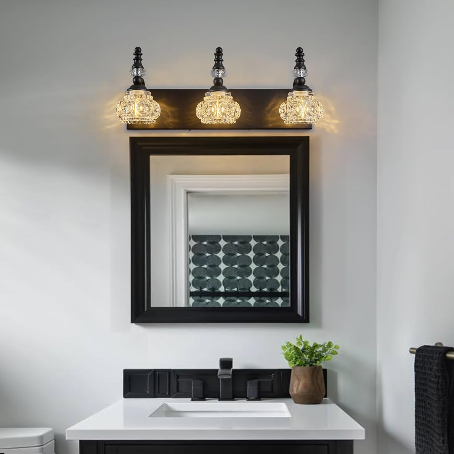 3-Light Black Crystal Bathroom Vanity Light