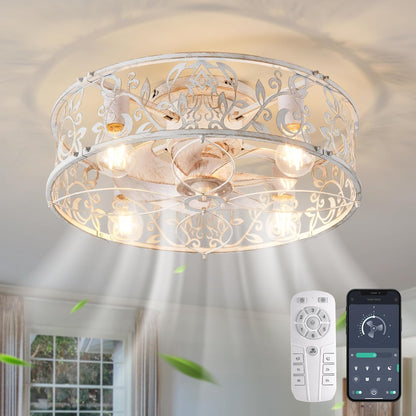 20" Caged Ceiling Fan with Light – White Gold Finish