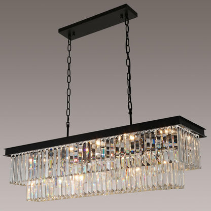 11-Light Black Crystal Rectangle Pendant Chandelier