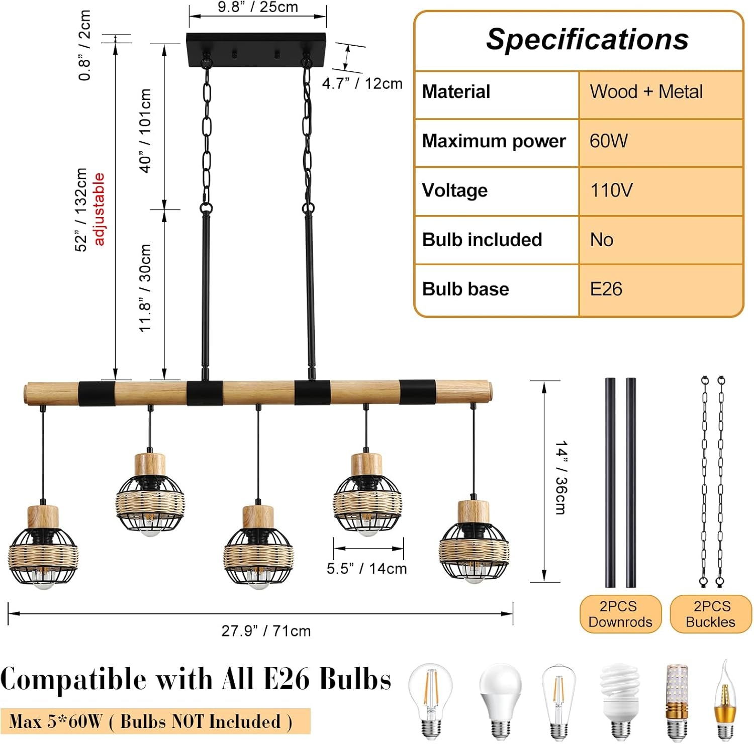 Farmhouse 5-Light Wood & Wicker Pendant Chandelier