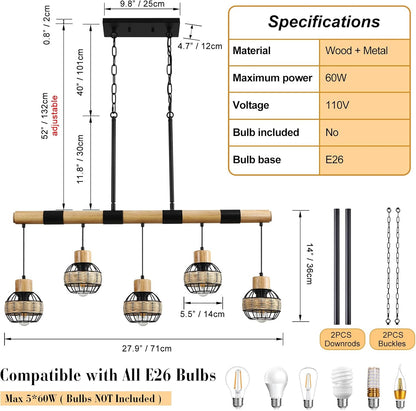 Farmhouse 5-Light Wood & Wicker Pendant Chandelier
