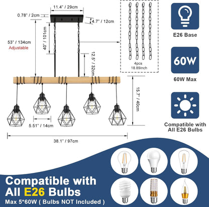 5-Light Farmhouse Chandelier – Wood & Black Frame