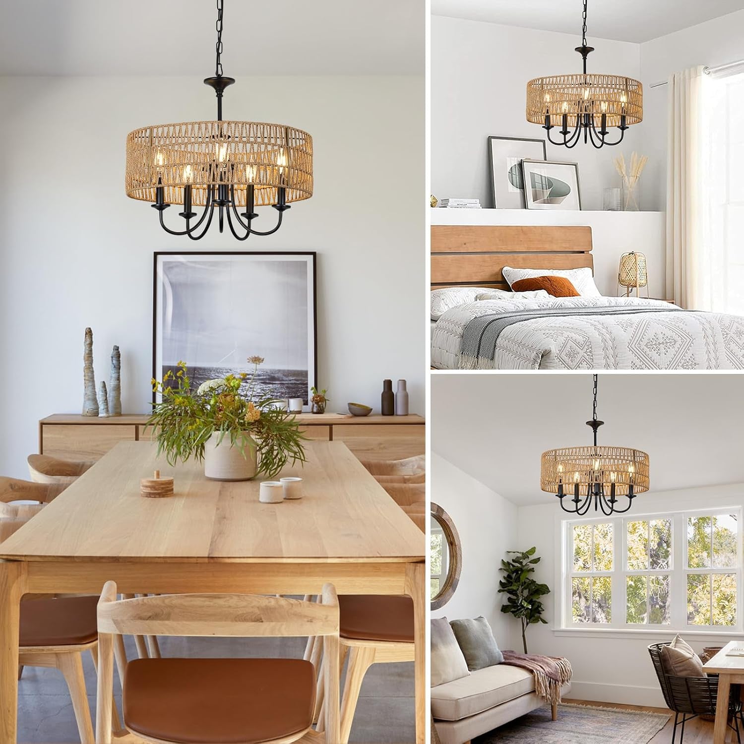 5-Light Rattan Chandelier – Boho Farmhouse Style