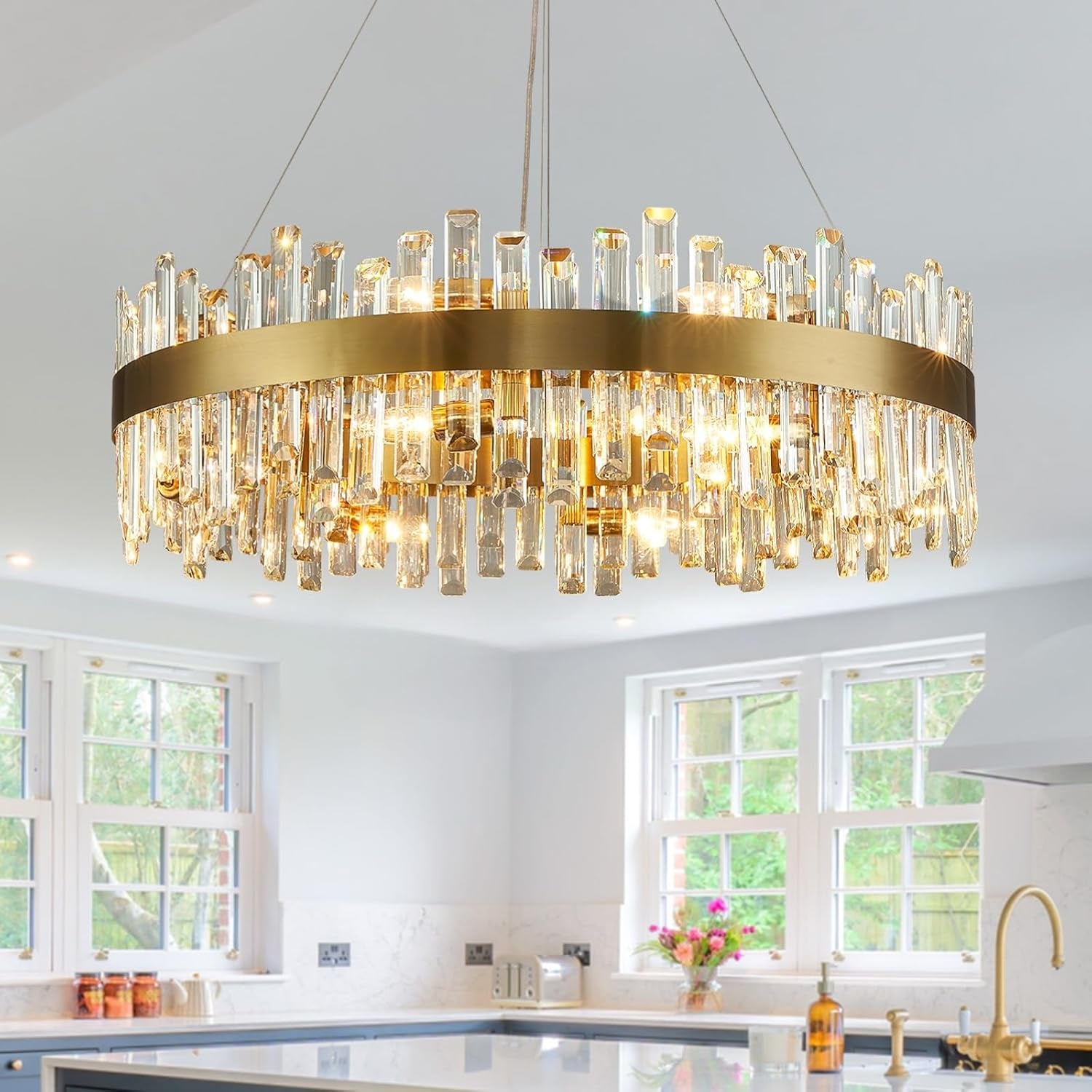 Gold 2-Tier Rectangular Crystal Chandelier 16L