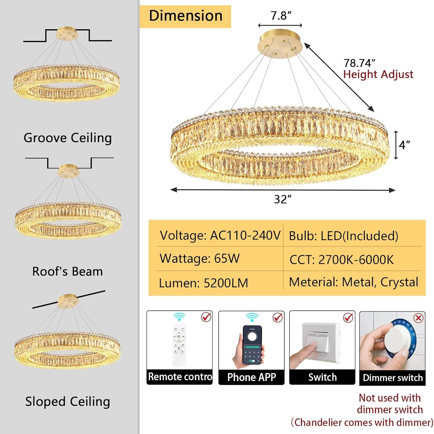 Modern Gold Crystal Ring LED Chandelier