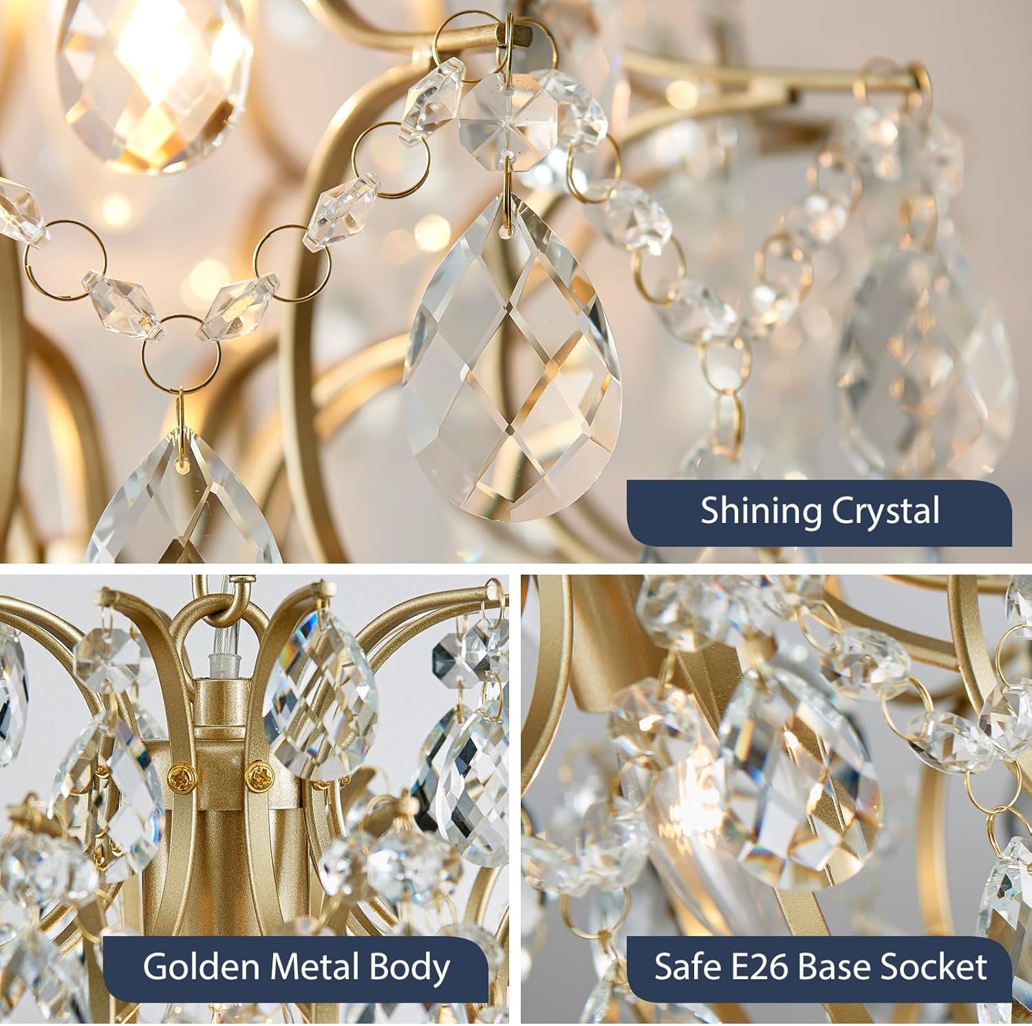 Gold Modern Pendant Chandelier Crystal Raindrop Lighting Ceiling Light Fixture Lamp for Dining Room Bathroom Bedroom Livingroom Entryway 1 E26 Bulbs Required D13 in X H16 In