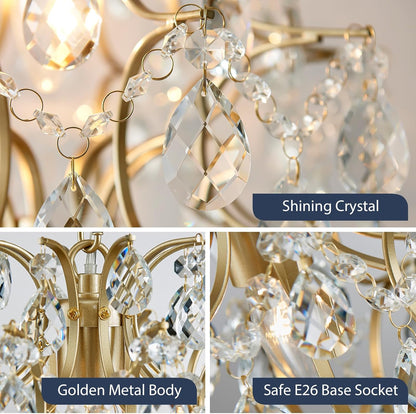 Gold Modern Pendant Chandelier Crystal Raindrop Lighting Ceiling Light Fixture Lamp for Dining Room Bathroom Bedroom Livingroom Entryway 1 E26 Bulbs Required D13 in X H16 In