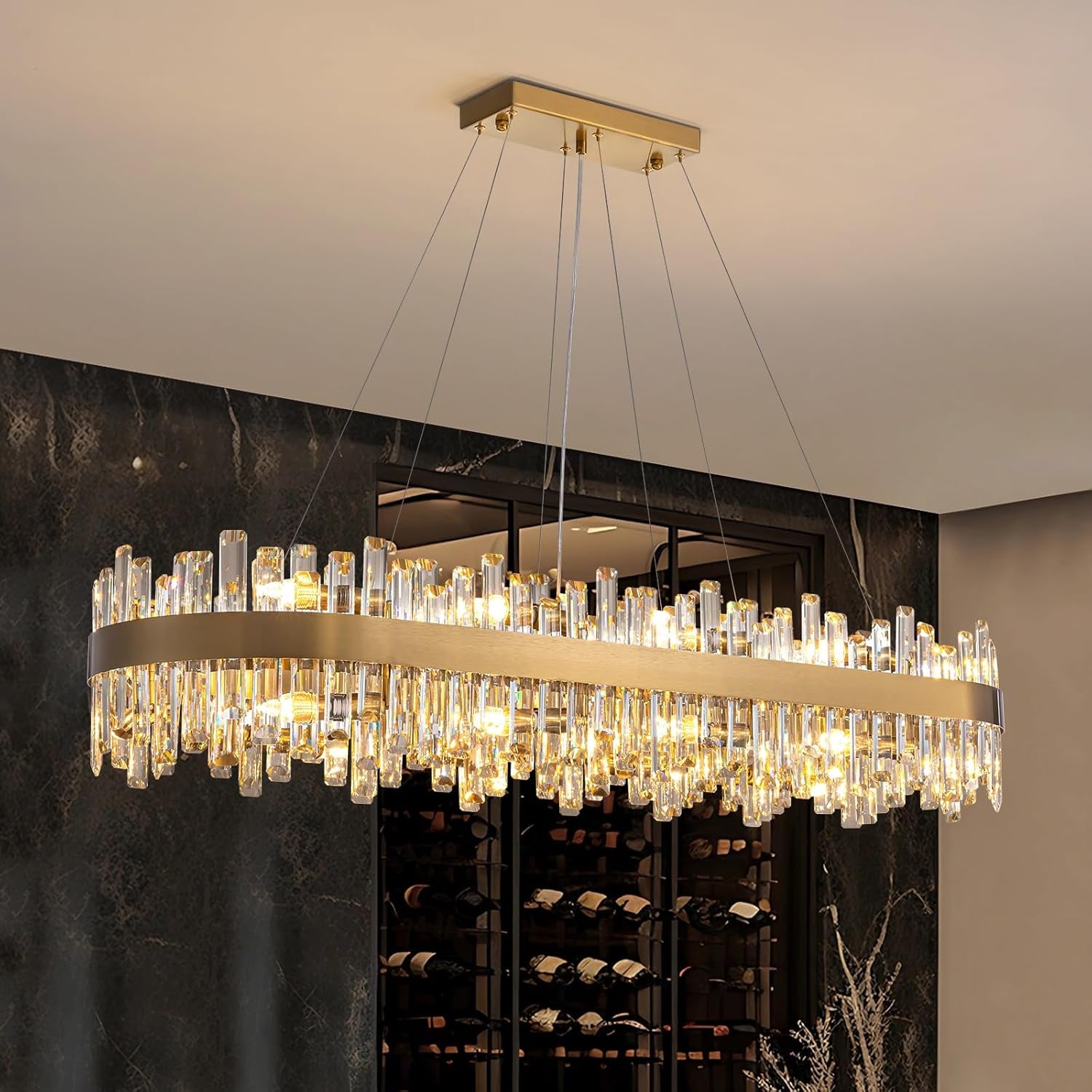 Gold 2-Tier Rectangular Crystal Chandelier 16L