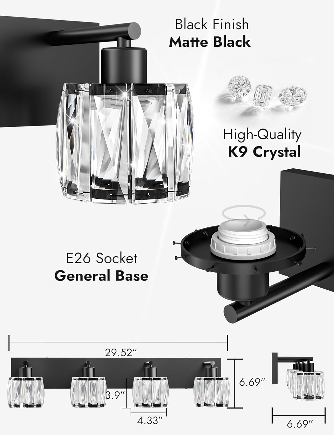 4-Light Matte Black Crystal Bathroom Vanity Light