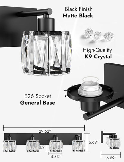 4-Light Matte Black Crystal Bathroom Vanity Light