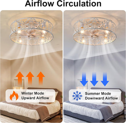 20" Caged Ceiling Fan with Light – White Gold Finish