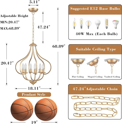 6-Light Gold Farmhouse Chandelier – Vintage Pendant Fixture