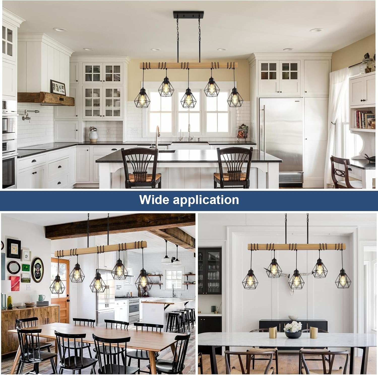 5-Light Farmhouse Chandelier – Wood & Black Frame