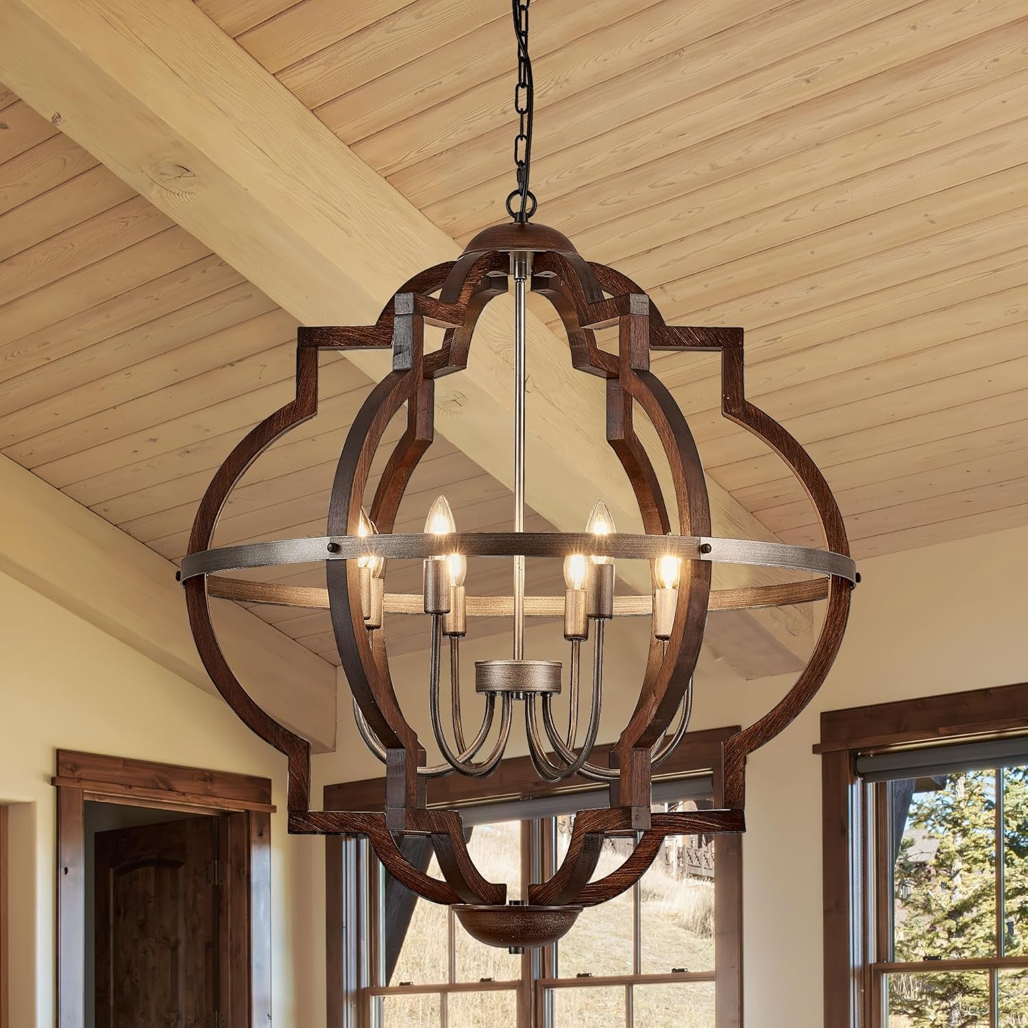 Rustic Farmhouse Globe Wood Chandelier