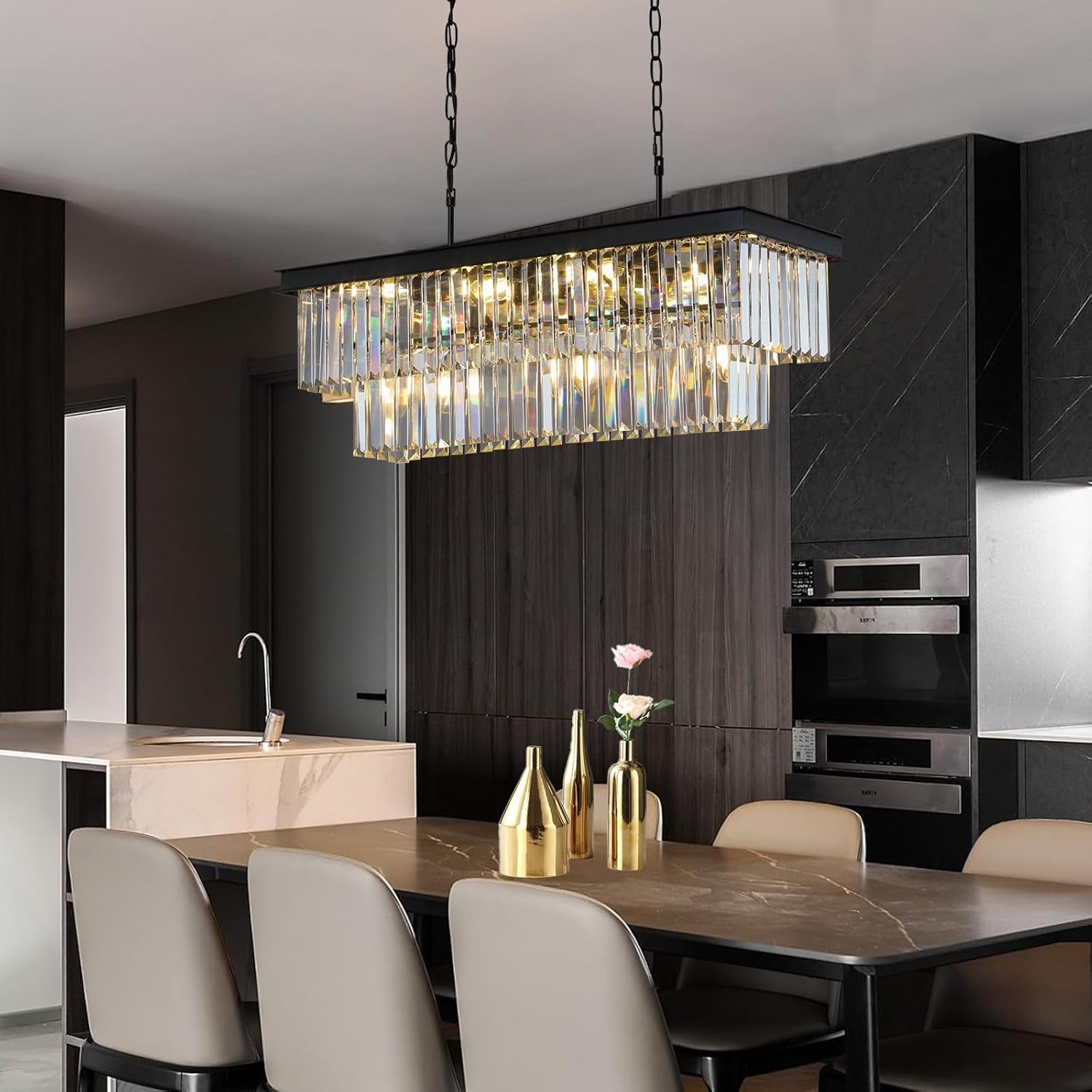 11-Light Black Crystal Rectangle Pendant Chandelier