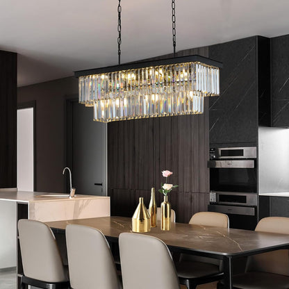 11-Light Black Crystal Rectangle Pendant Chandelier