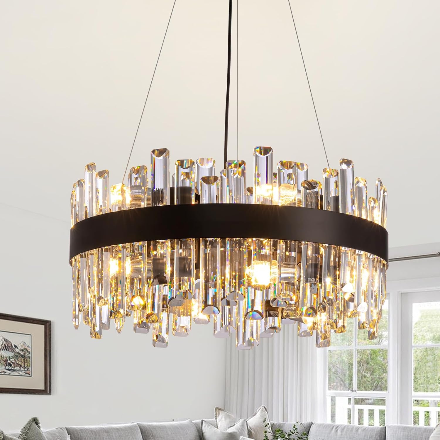 Gold 2-Tier Rectangular Crystal Chandelier 16L
